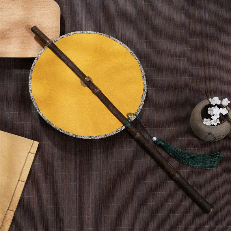 Mythstone Handmade Cherry Bamboo Leaf Grape Pattern Long Purple Bamboo Handle Portable Curlable Fan - Image 8