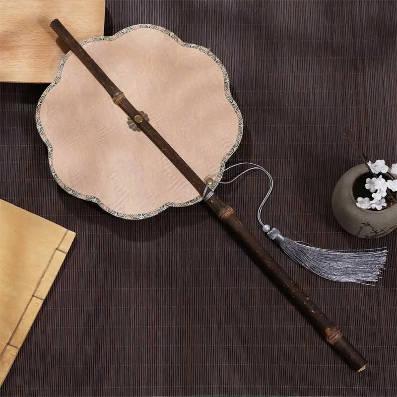 Mythstone Handmade Cherry Bamboo Leaf Grape Pattern Long Purple Bamboo Handle Portable Curlable Fan - Image 10