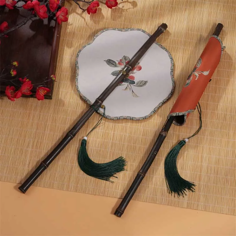 Mythstone Handmade Cherry Bamboo Leaf Grape Pattern Long Purple Bamboo Handle Portable Curlable Fan - Image 2
