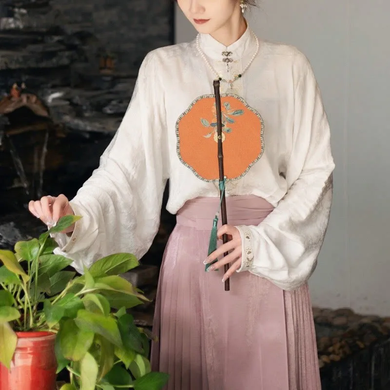 Mythstone Handmade Cherry Bamboo Leaf Grape Pattern Long Purple Bamboo Handle Portable Curlable Fan - Image 3