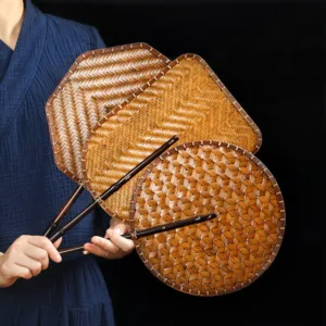 Mythstone Chinese Style Handmade Bamboo Woven Round Oval Banana Shape Long Handle Fan