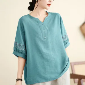 Mythstone Vintage Half Sleeve Embroidery Design Cotton Linen T-shirt Tee