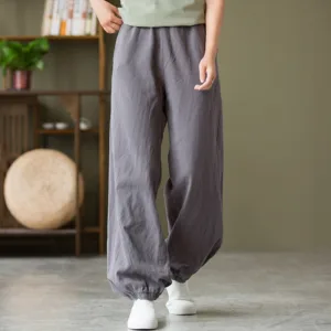 Mythstone Plain Color Ramie Linen Cotton Pants With Pockets