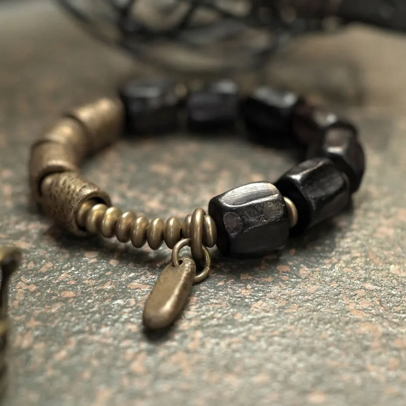 Mythstone Vintage Peace Ebony Wood Copper Beads Bracelet - Image 2