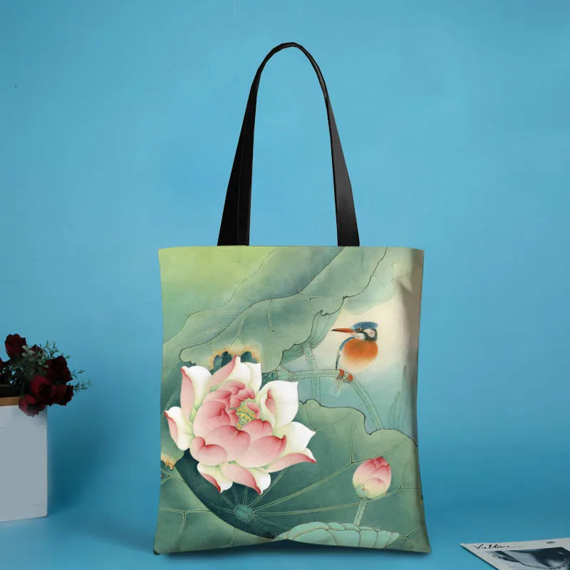 Mythstone - Handmade Canvas Ink Lotus Koi Fish Shoulder Bag Shopping Bag - Image 2