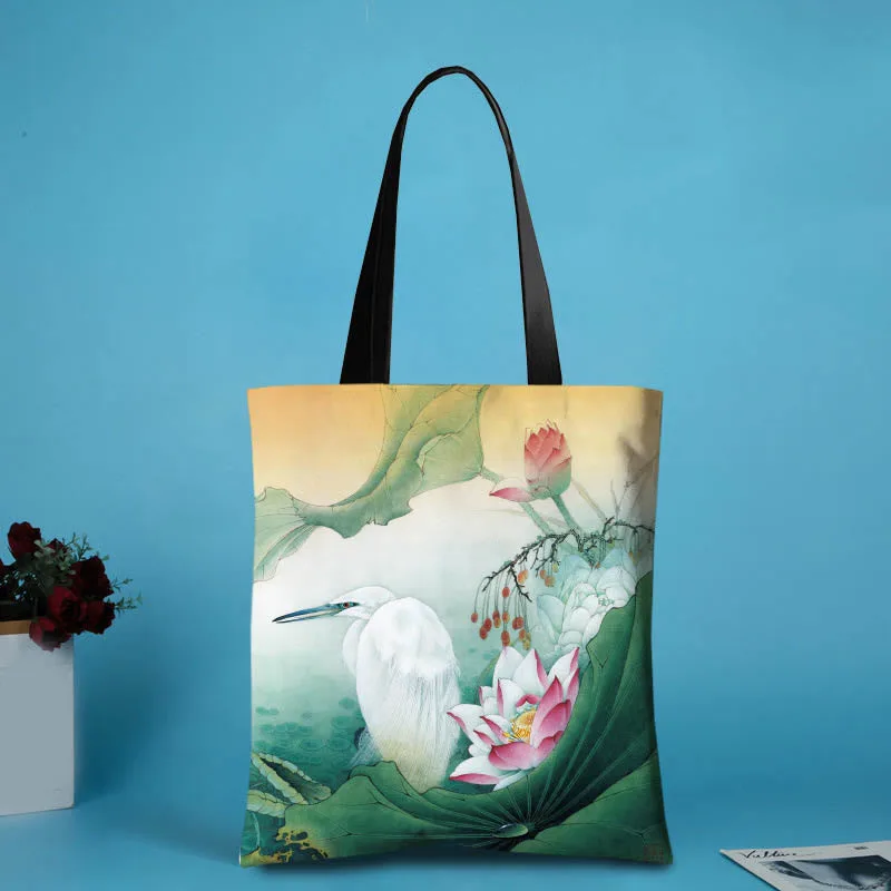 Mythstone - Handmade Canvas Ink Lotus Koi Fish Shoulder Bag Shopping Bag - Image 5