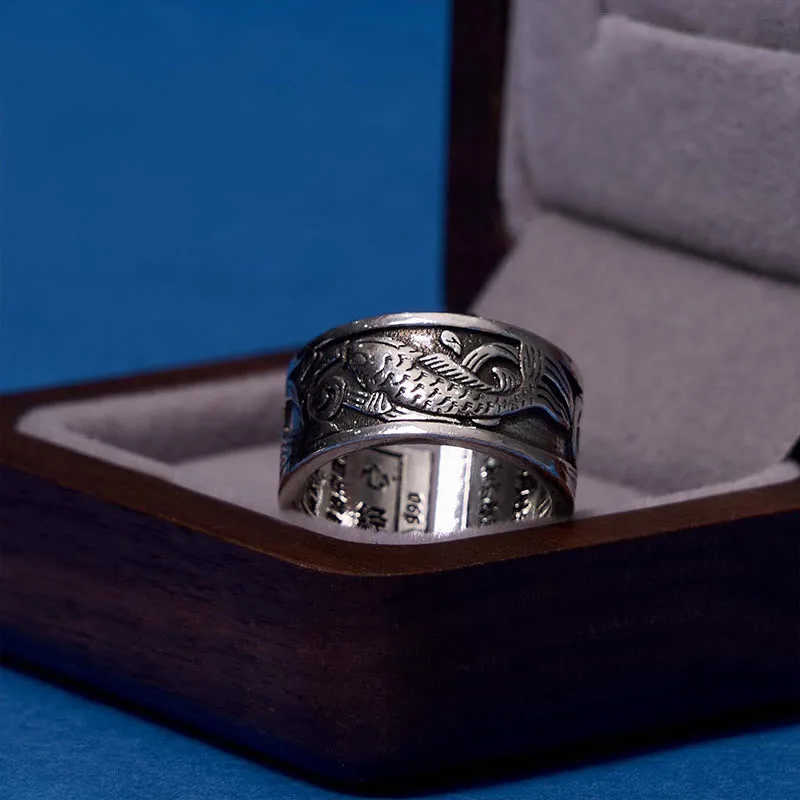 Mythstone - Koi Fish Heart Sutra Carved Design Luck Wealth Ring - Image 5