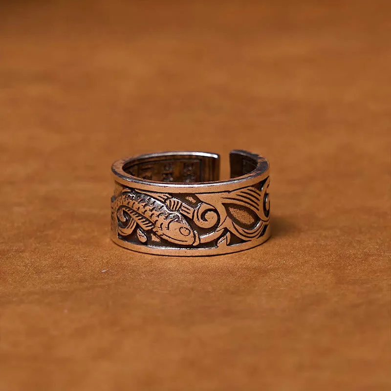 Mythstone - Koi Fish Heart Sutra Carved Design Luck Wealth Ring - Image 2