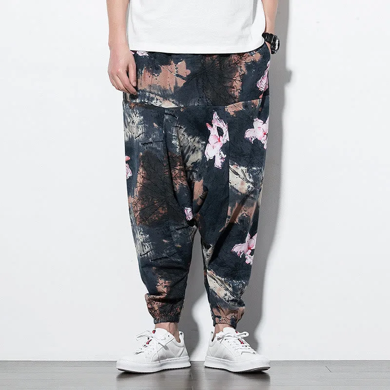 Mythstone Pink Lotus Ink Painting Print Cotton Men's Long Cropped Harem Pants With Pockets - Image 2