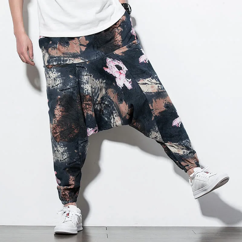 Mythstone Pink Lotus Ink Painting Print Cotton Men's Long Cropped Harem Pants With Pockets - Image 7