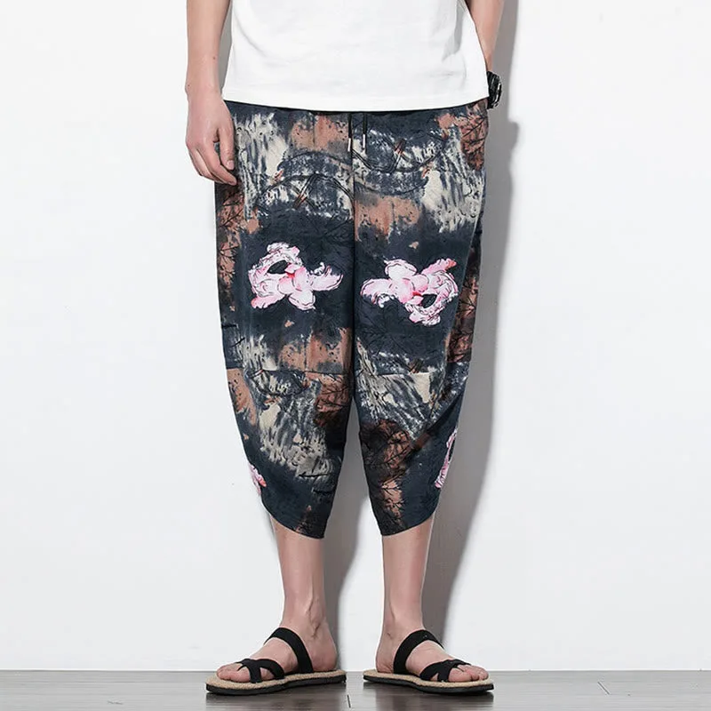 Mythstone Pink Lotus Ink Painting Print Cotton Men's Long Cropped Harem Pants With Pockets - Image 10