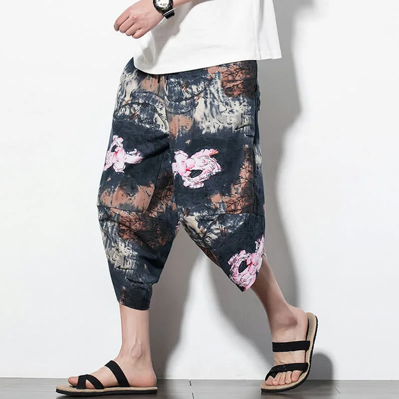Mythstone Pink Lotus Ink Painting Print Cotton Men's Long Cropped Harem Pants With Pockets - Image 9