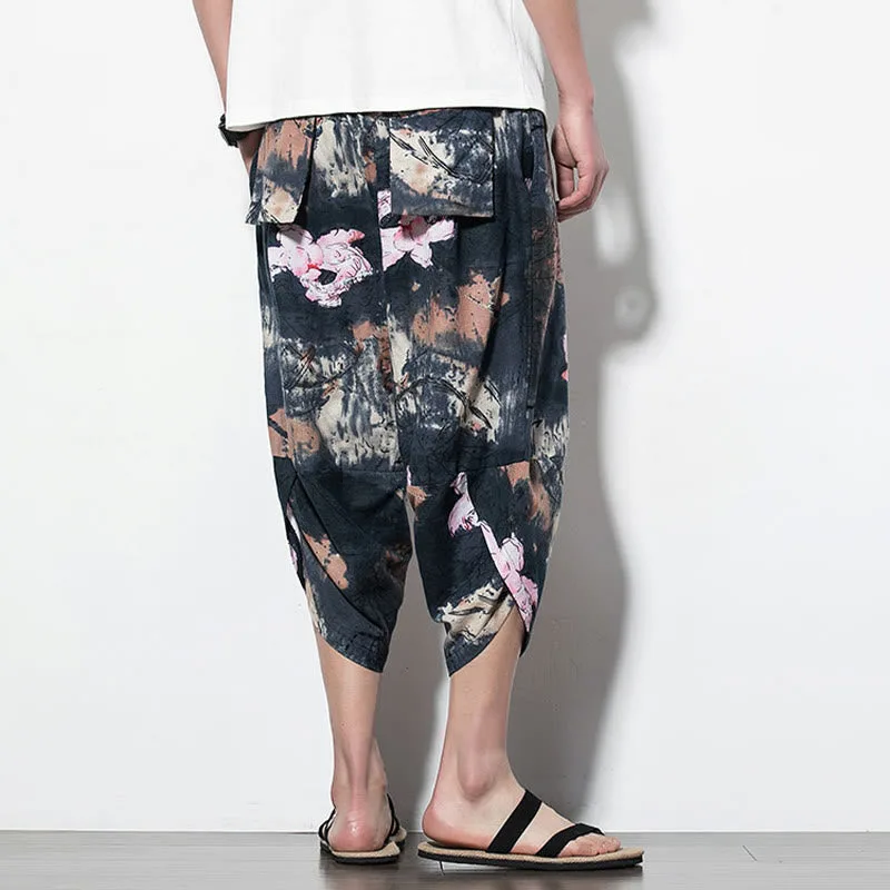 Mythstone Pink Lotus Ink Painting Print Cotton Men's Long Cropped Harem Pants With Pockets - Image 11