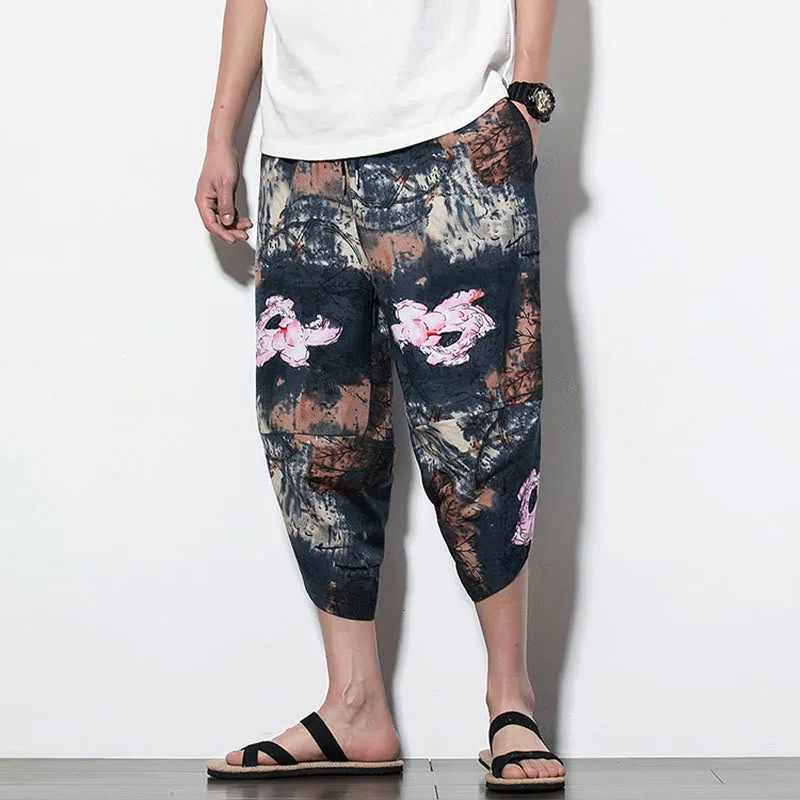 Mythstone Pink Lotus Ink Painting Print Cotton Men's Long Cropped Harem Pants With Pockets - Image 14