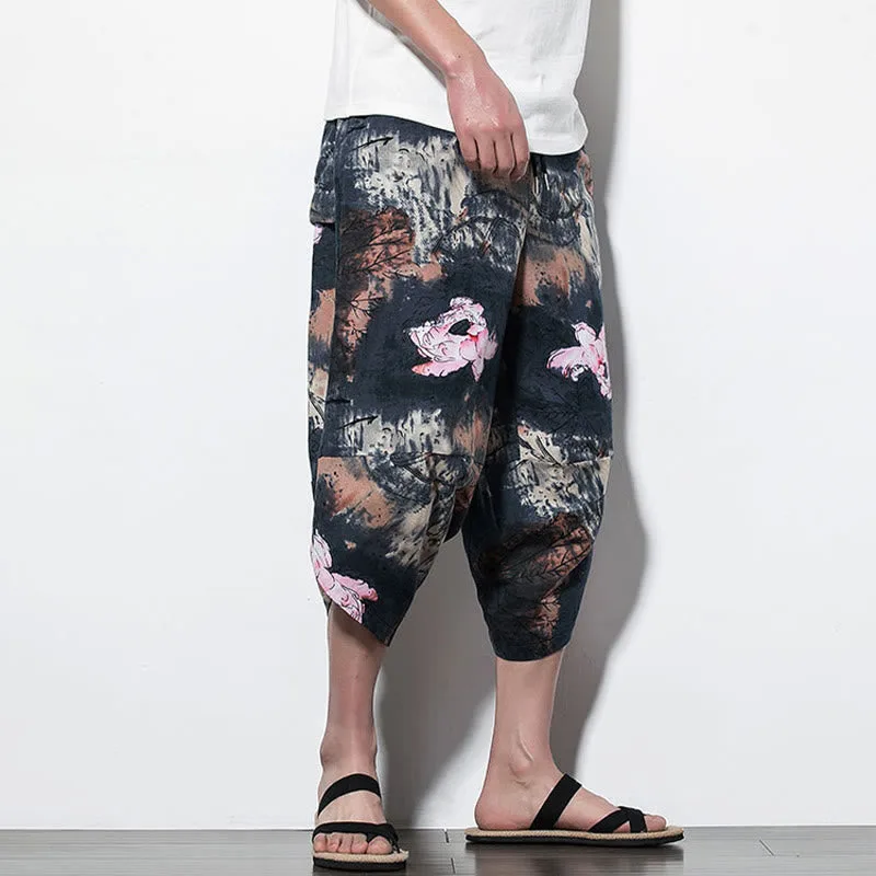 Mythstone Pink Lotus Ink Painting Print Cotton Men's Long Cropped Harem Pants With Pockets - Image 13