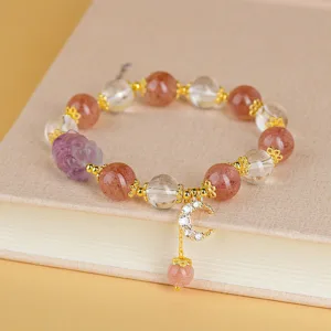 Mythstone Natural White Strawberry Quartz Crystal Healing Love Nine-tailed Fox Moon Pendant Bracelet