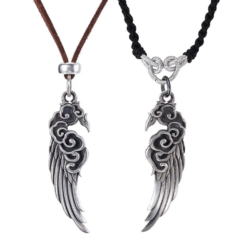 Mythstone 925 Sterling Silver Auspicious Clouds Wing Cotton RopeDeerskin Rope Necklace Pendant - Image 9