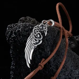 Mythstone 925 Sterling Silver Auspicious Clouds Wing Cotton RopeDeerskin Rope Necklace Pendant