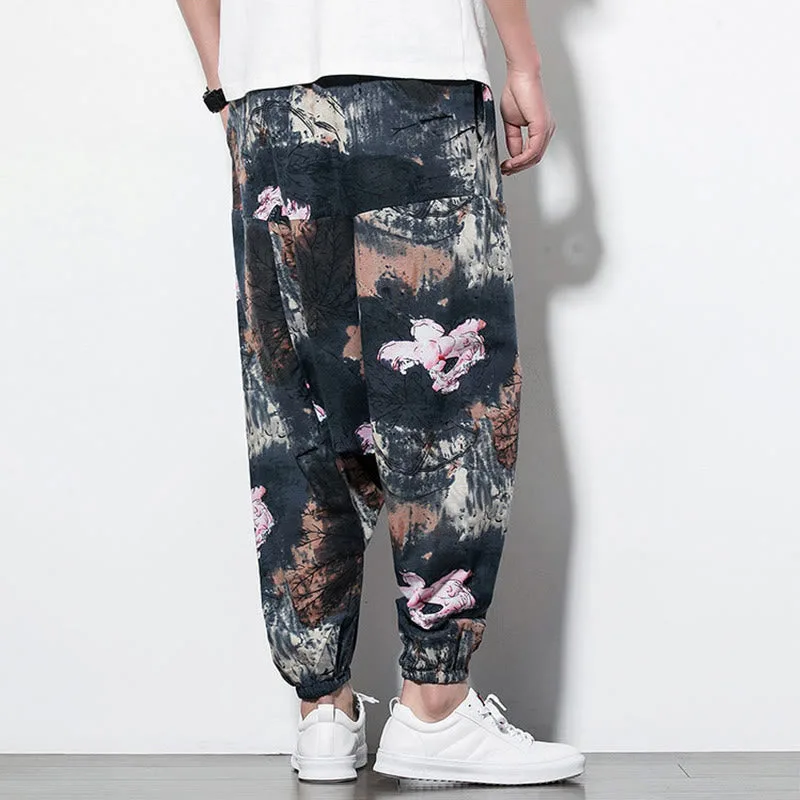 Mythstone Pink Lotus Ink Painting Print Cotton Men's Long Cropped Harem Pants With Pockets - Image 3