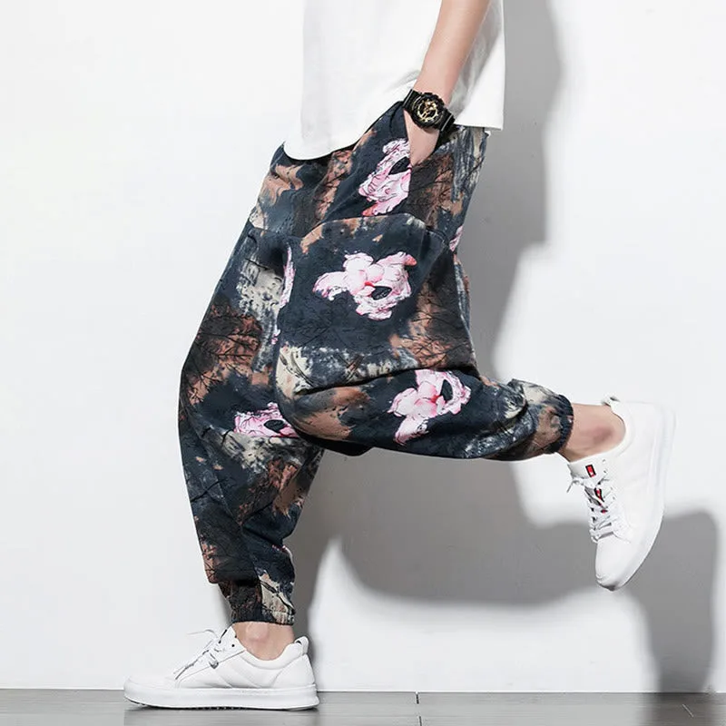 Mythstone Pink Lotus Ink Painting Print Cotton Men's Long Cropped Harem Pants With Pockets - Image 6