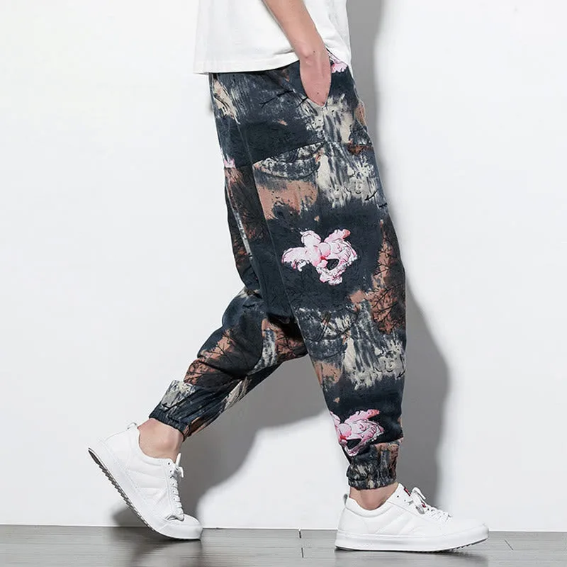 Mythstone Pink Lotus Ink Painting Print Cotton Men's Long Cropped Harem Pants With Pockets - Image 4