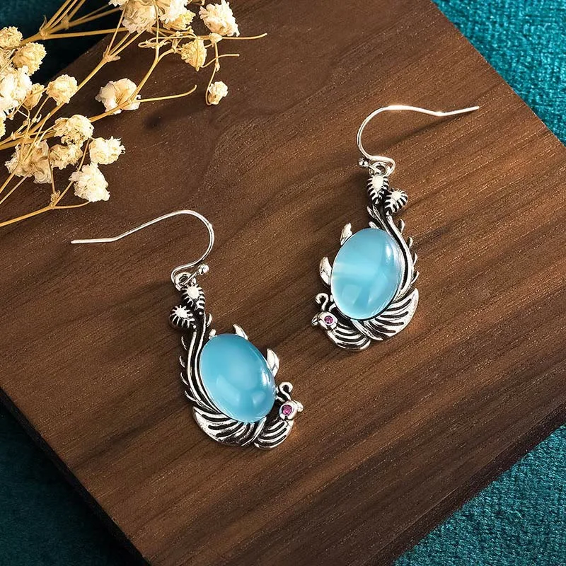 Mythstone - 925 Sterling Silver Posts Blue Chalcedony Koi Fish Balance Vitality Earrings - Image 2