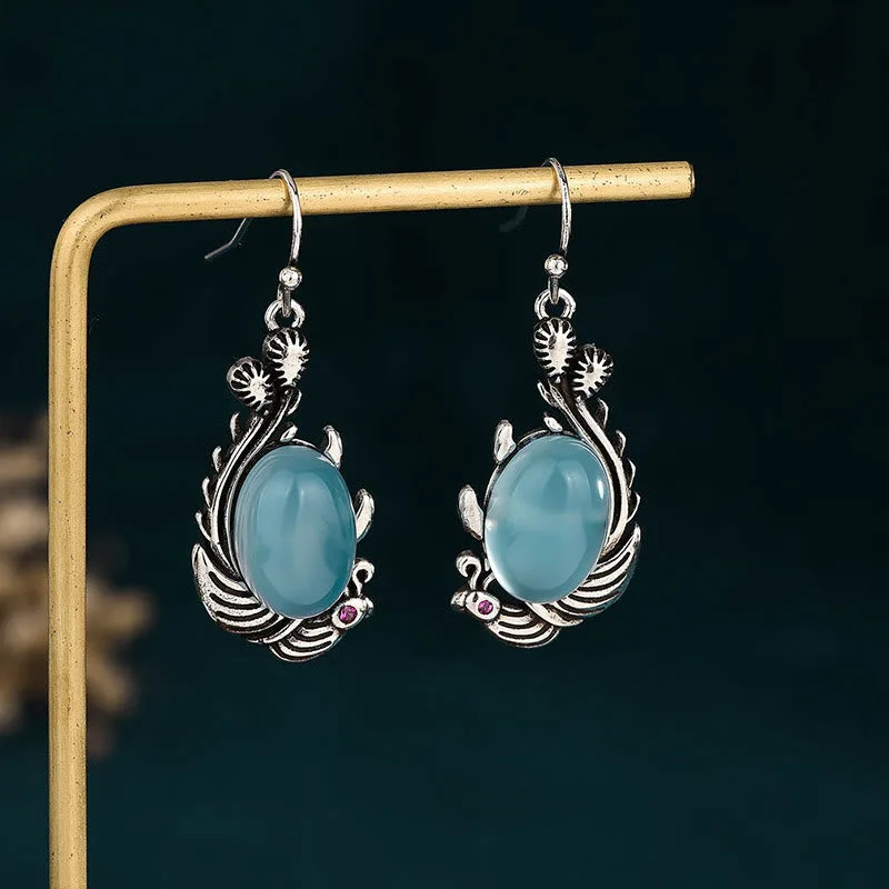 Mythstone - 925 Sterling Silver Posts Blue Chalcedony Koi Fish Balance Vitality Earrings