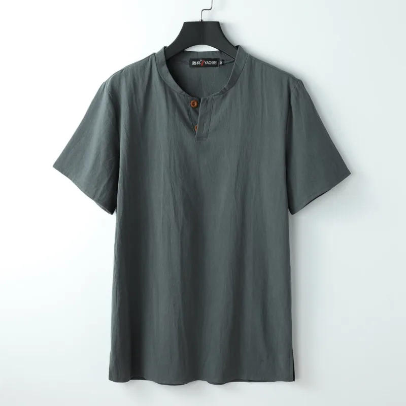Mythstone Loose Men's T-shirt Solid Color Top Short Sleeve Button Notched Neck Soft Cotton Linen Shirt - Image 2