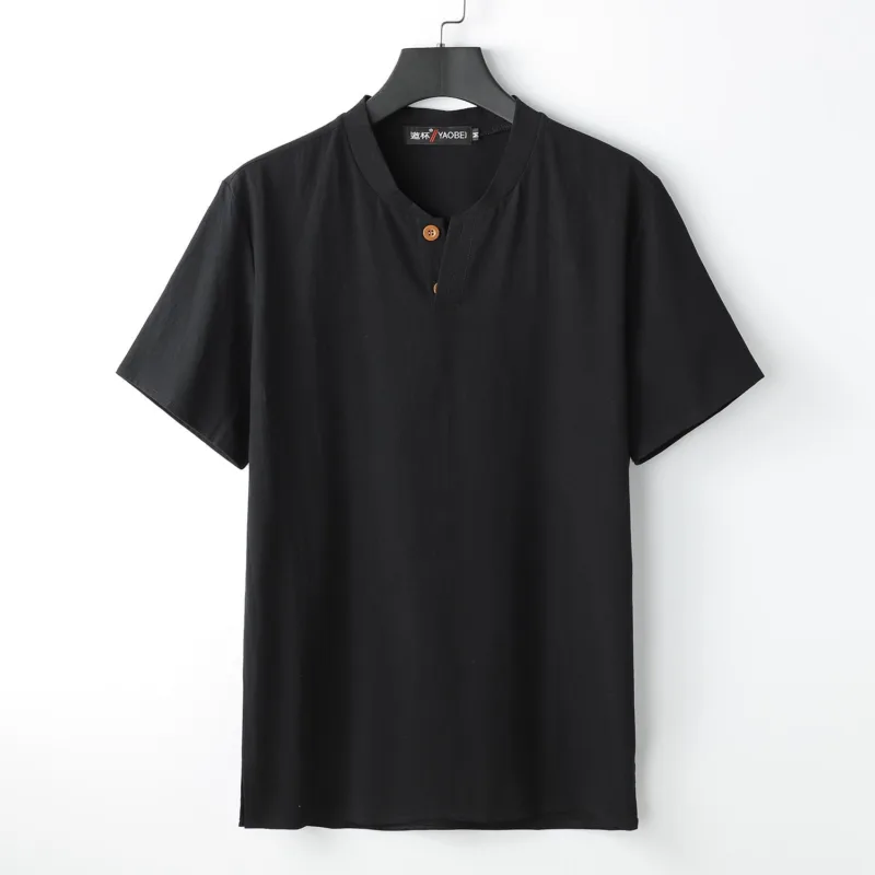 Mythstone Loose Men's T-shirt Solid Color Top Short Sleeve Button Notched Neck Soft Cotton Linen Shirt - Image 3
