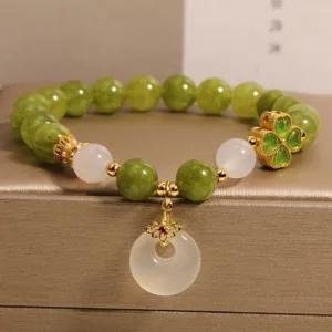 Mythstone Green Tourmaline Chalcedony Four Leaf Clover Peace Buckle Charm Wisdom Bracelet