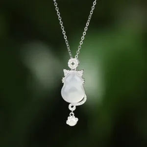 Mythstone 925 Sterling Silver 14k Gold White Jade Gourd Cat Protection Necklace Pendant