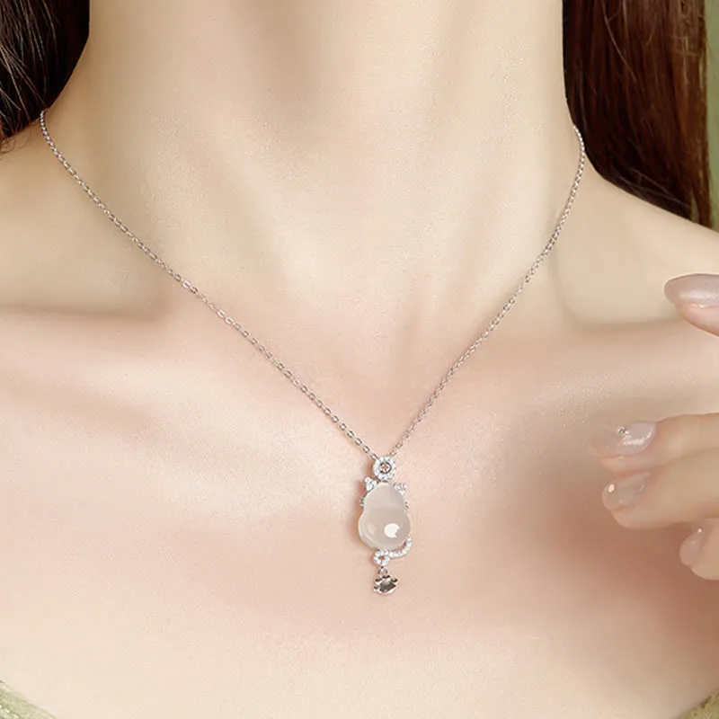 Mythstone 925 Sterling Silver 14k Gold White Jade Gourd Cat Protection Necklace Pendant - Image 5