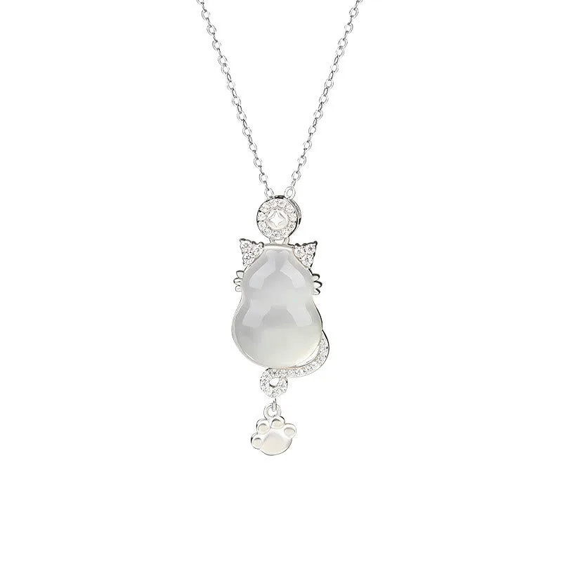 Mythstone 925 Sterling Silver 14k Gold White Jade Gourd Cat Protection Necklace Pendant - Image 2