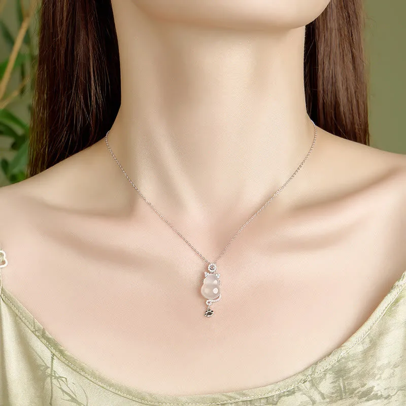Mythstone 925 Sterling Silver 14k Gold White Jade Gourd Cat Protection Necklace Pendant - Image 4
