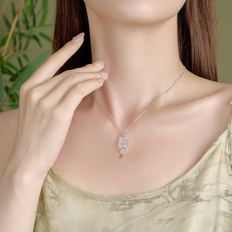Mythstone 925 Sterling Silver 14k Gold White Jade Gourd Cat Protection Necklace Pendant - Image 6
