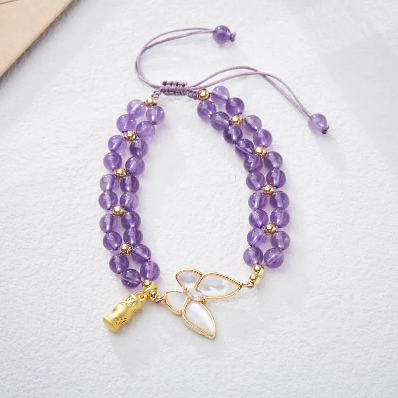 Mythstone Amethyst Butterfly Bamboo Balance Relieves Stress Braided String Bracelet - Image 2