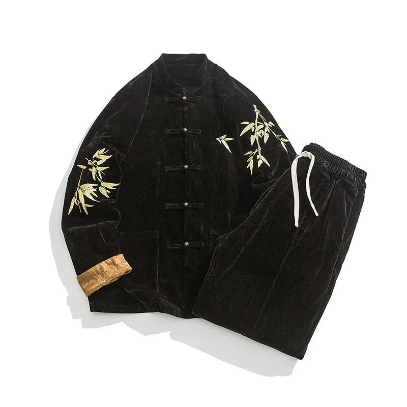 Mythstone Casual Embroider Bamboo Frog-button Cotton Top Pants Men's Meditation Cloth