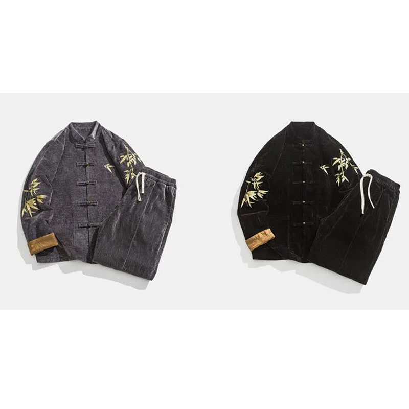 Mythstone Casual Embroider Bamboo Frog-button Cotton Top Pants Men's Meditation Cloth - Image 29