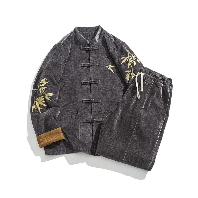 Mythstone Casual Embroider Bamboo Frog-button Cotton Top Pants Men's Meditation Cloth - Image 21