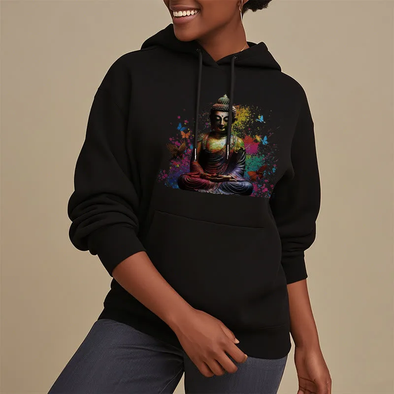 Mythstone Colorful Butterfly Flying Meditation Buddha Polyester Fleece Lined Hoodie - Image 3