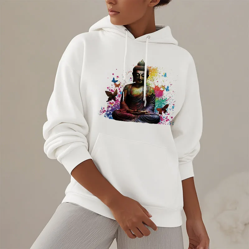 Mythstone Colorful Butterfly Flying Meditation Buddha Polyester Fleece Lined Hoodie - Image 12