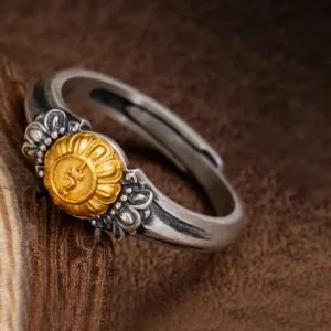 Mythstone 925 Sterling Silver Plated Gold Bodhisattva Tara Protection Adjustable Ring