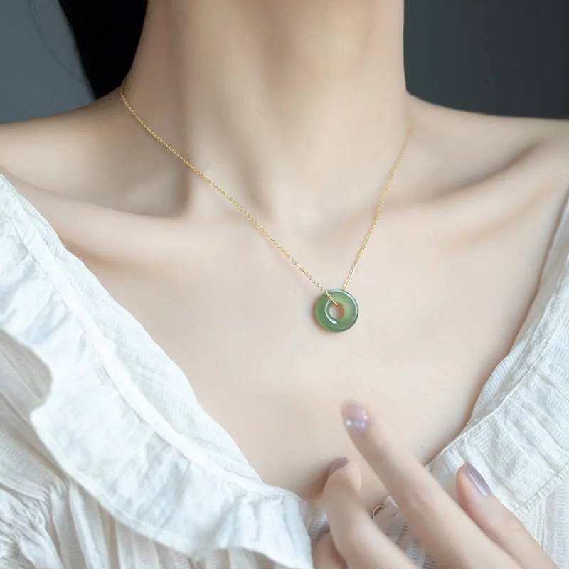 Mythstone 925 Sterling Silver Plated Gold Hetian Jade Peace Buckle Necklace Pendant - Image 11