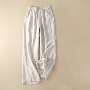 Mythstone Casual Cotton High Waist Lace-up Slit Wide Leg Pants With Pockets