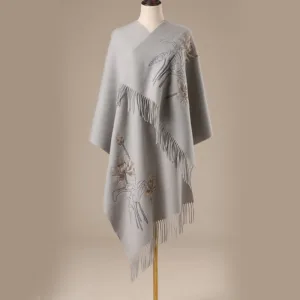 Mythstone Wool Shawl Lotus Embroidery Tassel Winter Cozy Travel Scarf Wrap