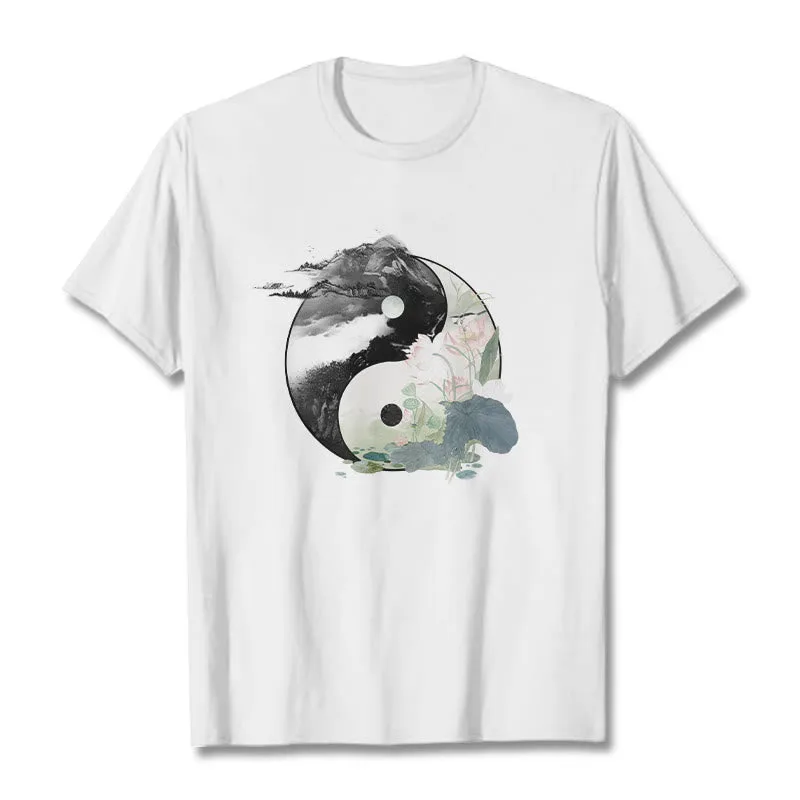 Mythstone Yin Yang Lotus Leaf Ink Painting Cotton Tee T-shirt - Image 8