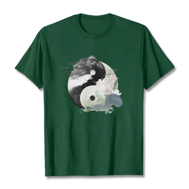 Mythstone Yin Yang Lotus Leaf Ink Painting Cotton Tee T-shirt - Image 6