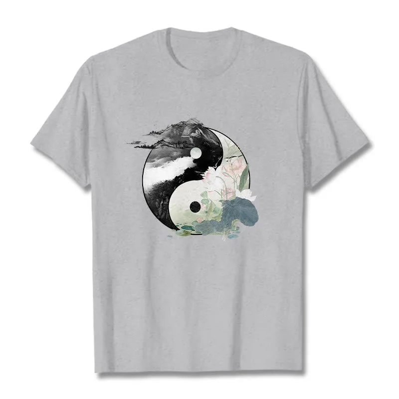 Mythstone Yin Yang Lotus Leaf Ink Painting Cotton Tee T-shirt - Image 11