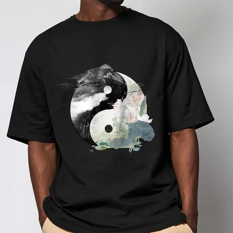 Mythstone Yin Yang Lotus Leaf Ink Painting Cotton Tee T-shirt - Image 3