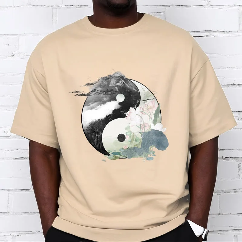 Mythstone Yin Yang Lotus Leaf Ink Painting Cotton Tee T-shirt - Image 14